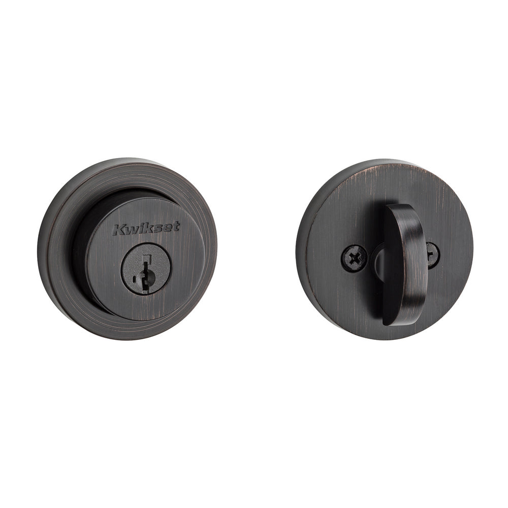 Kwikset 158RDT-11PS.STRKP Milan Round Rose Single Cylinder Deadbolt SmartKey with 6AL Latch and STRKP Strike Pack which includes Square Corner, Round Corner and 5303 Round Corner Full Lip Strikes KA3 Venetian Bronze Finish