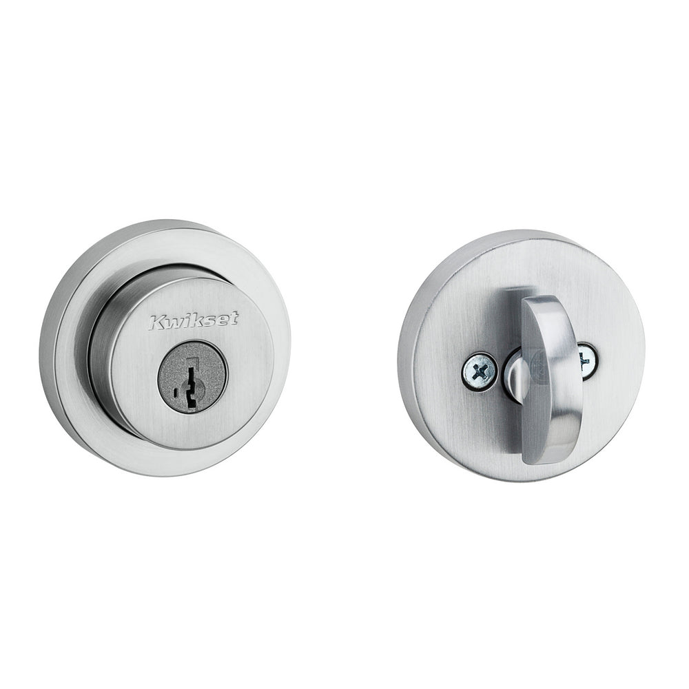 Kwikset 158RDT-26DS.STRKP Milan Round Rose Single Cylinder Deadbolt SmartKey with 6AL Latch and STRKP Strike Pack which includes Square Corner, Round Corner and 5303 Round Corner Full Lip Strikes KA3 Satin Chrome Finish