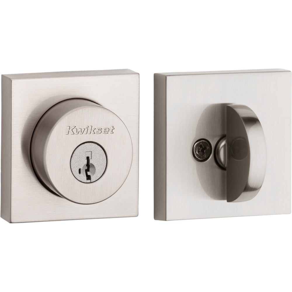 Kwikset 158SQT-15S.STRKP Halifax Square Rose Single Cylinder Deadbolt SmartKey with 6AL Latch and STRKP Strike Pack which includes Square Corner, Round Corner and 5303 Round Corner Full Lip Strikes KA3 Satin Nickel Finish