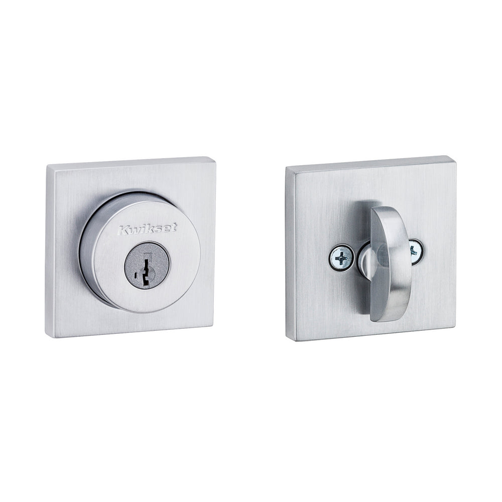 Kwikset 158SQT-26DS.STRKP Halifax Square Rose Single Cylinder Deadbolt SmartKey with 6AL Latch and STRKP Strike Pack which includes Square Corner, Round Corner and 5303 Round Corner Full Lip Strikes KA3 Satin Chrome Finish