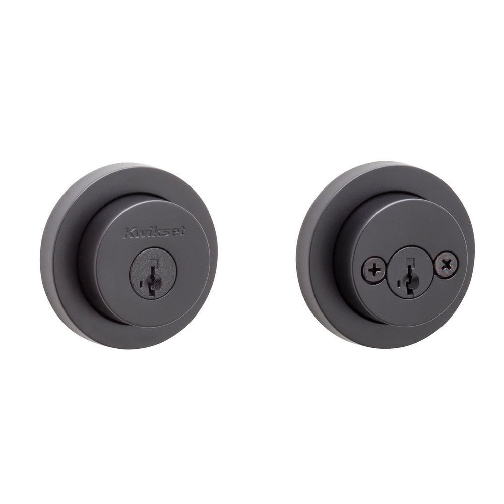 Kwikset 159RDT-514S.STRKP Milan Round Rose Double Cylinder Deadbolt SmartKey with 6AL Latch and STRKP Strike Pack which includes Square Corner, Round Corner and 5303 Round Corner Full Lip Strikes KA3 Matte Black Finish
