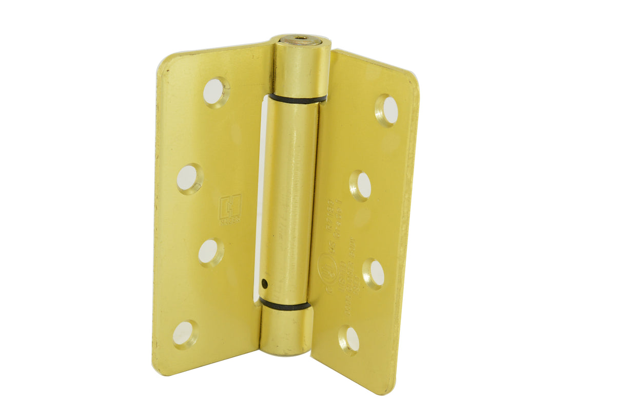 Hager 175144 4" x 4" 1/4" Radius Corner Steel Full Mortise Residential Spring Hinge Satin Brass Finish