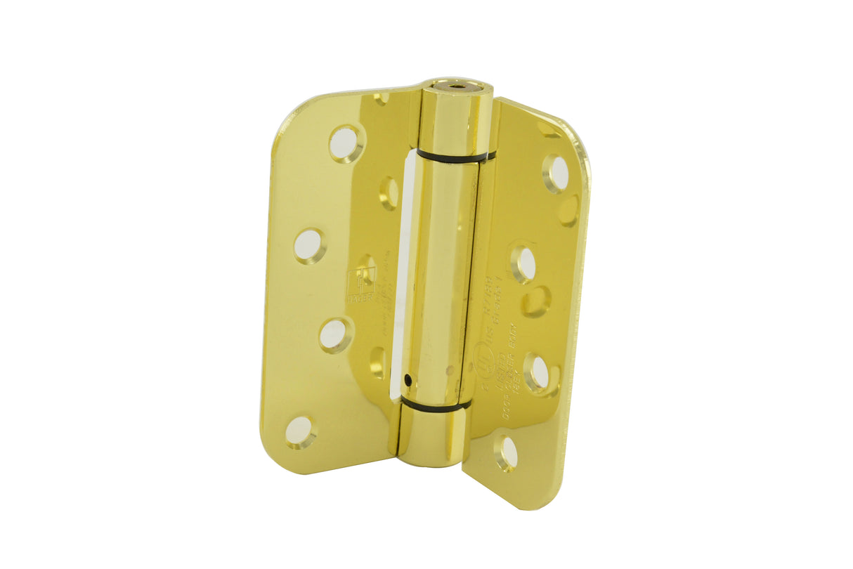 Hager 175243 4" x 4" 5/8" Radius Corner Steel Full Mortise Residential Spring Hinge Bright Brass Finish