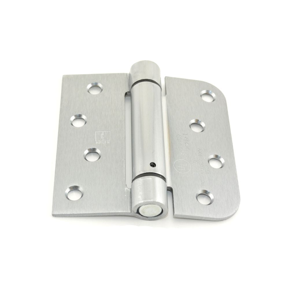 Hager 1754426D 4" x 4" Square by 5/8" Radius Corner Steel Full Mortise Residential Spring Hinge Satin Chrome Finish