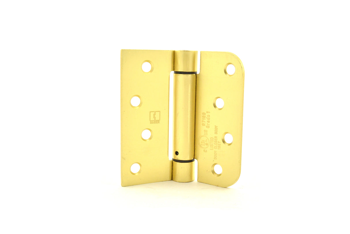 Hager 175444 4" x 4" Square by 5/8" Radius Corner Steel Full Mortise Residential Spring Hinge Satin Brass Finish