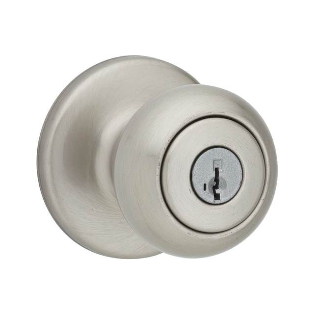 Kwikset 400CV-15S Cove Knob Entry Door Lock SmartKey with 6AL Latch and RCS Strike Satin Nickel Finish