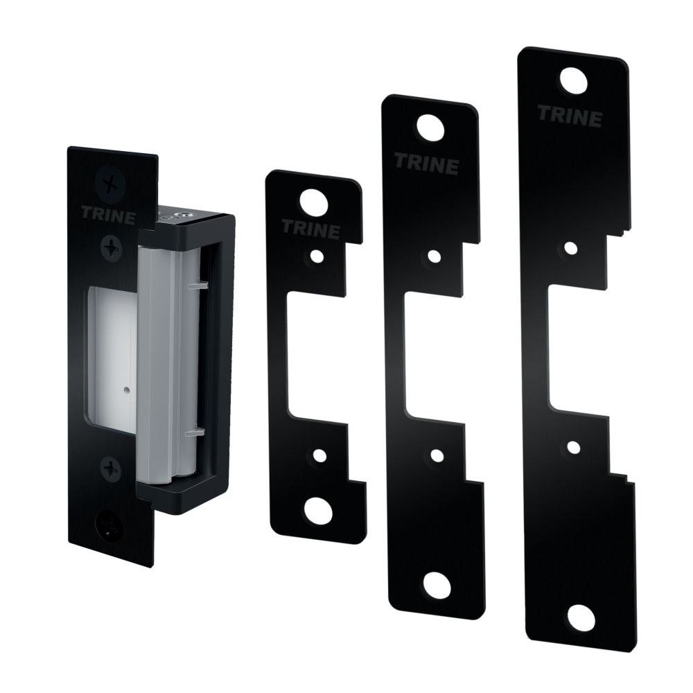 Trine 4300BLK Electric Strike for Cylindrical Locks and Deadlatches with 4 Faceplates of CC, CCRD, CC7, and CC8 Black Finish