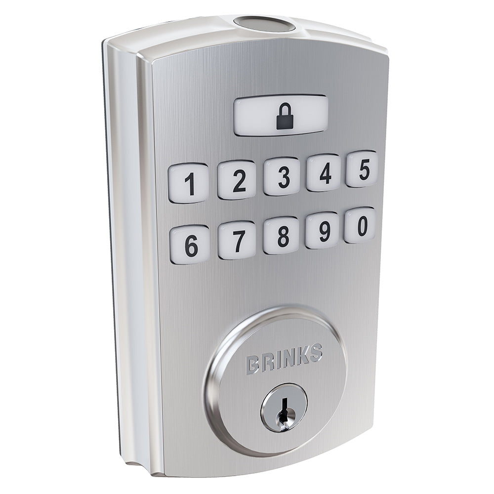 Brinks 4392119 Electronic Fingerprint Keypad Deadbolt with Pro Guard Satin Nickel Finish
