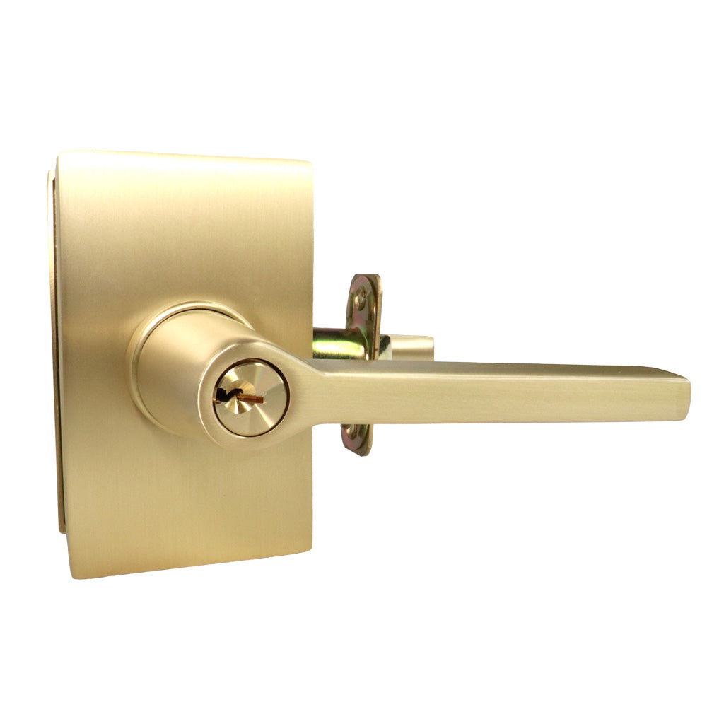 Emtek 5123HLOUS4RH.RLS Helios Lever Right Hand 2-3/8" Backset with Radius Latch Strike Keyed Entry with Modern Rectangular Rose for 1-3/8" to 2-1/16" Door Satin Brass Finish