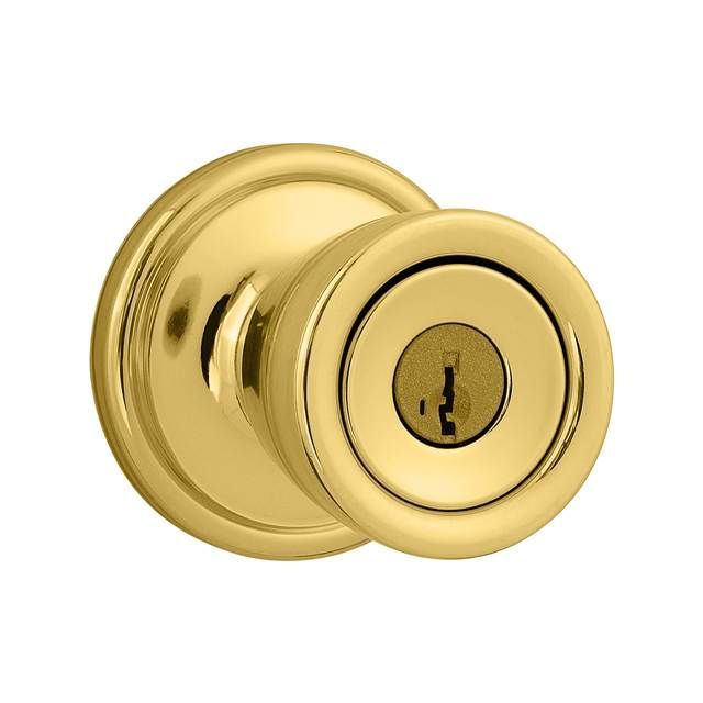 Kwikset 740A-3S Abbey Knob Entry Door Lock SmartKey with 6AL Latch and RCS Strike Bright Brass Finish