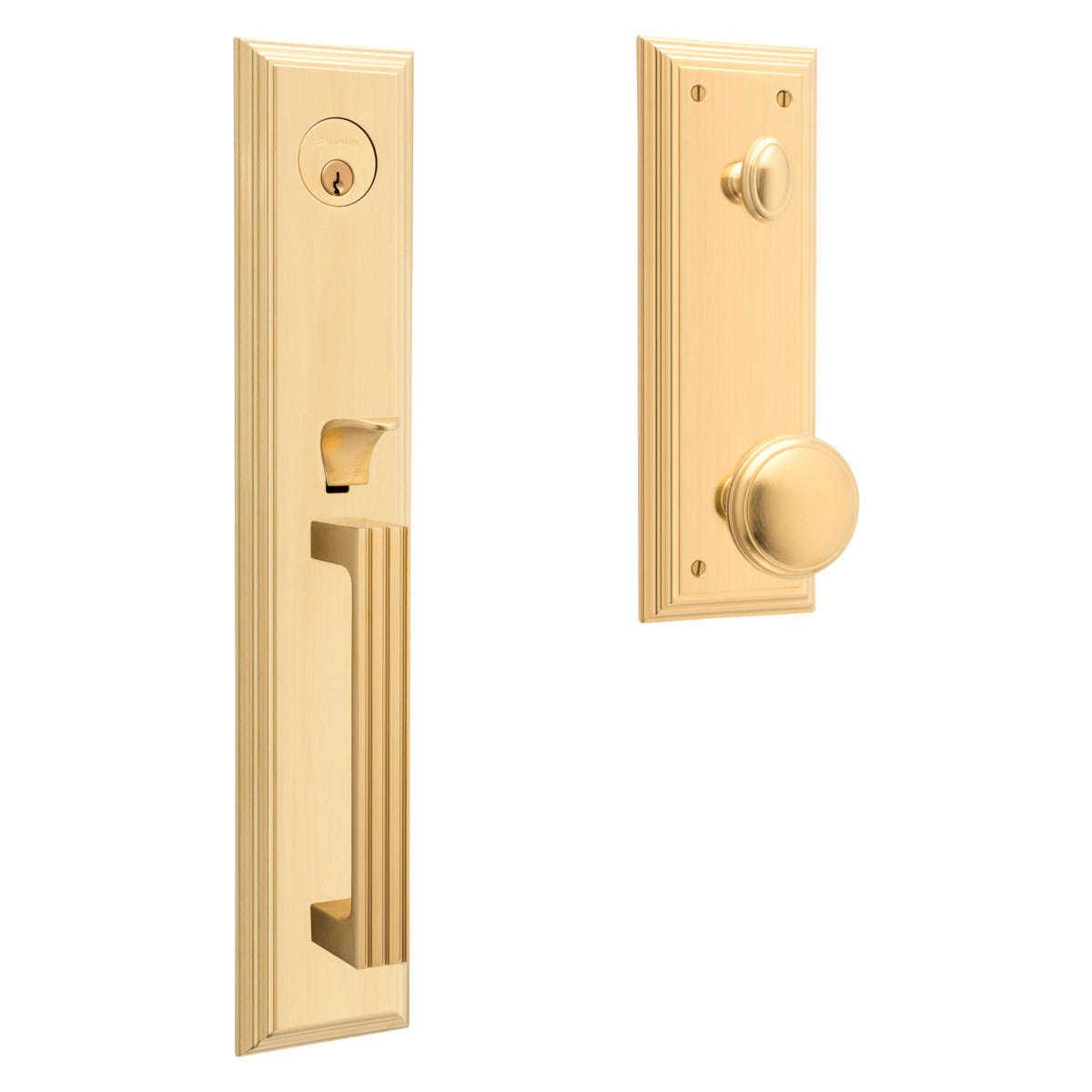Baldwin 85342044ENTR Tremont Full Escutcheon Emergency Egress Single Cylinder Tubular Handleset with 5069 Knob Lifetime Satin Brass Finish