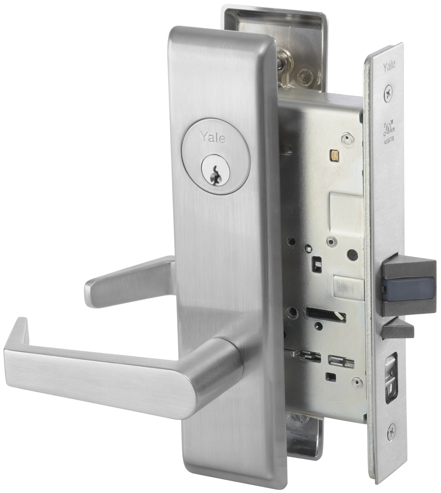 ASSA Abloy Accentra AUCN8808FL626 Classroom Mortise Lock with Augusta Lever and Camden Escutcheon with Para Keyway with 2815 Curved Lip Strike Satin Chrome Finish