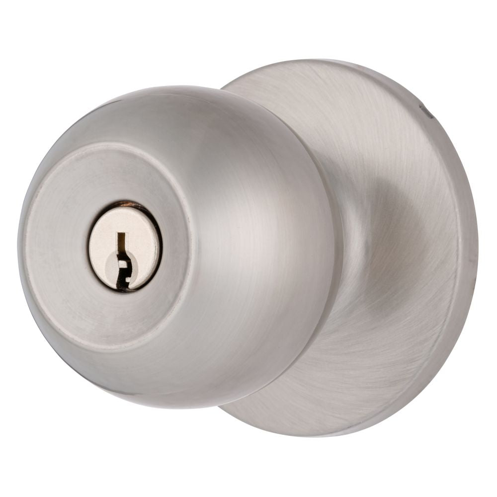 Brinks E2415119 Raleigh Series Keyed Entry Transitional Ball Knob and Round Rose with 4 Way Adjustable Latch and Round Corner Full Lip Strike Satin Nickel Finish
