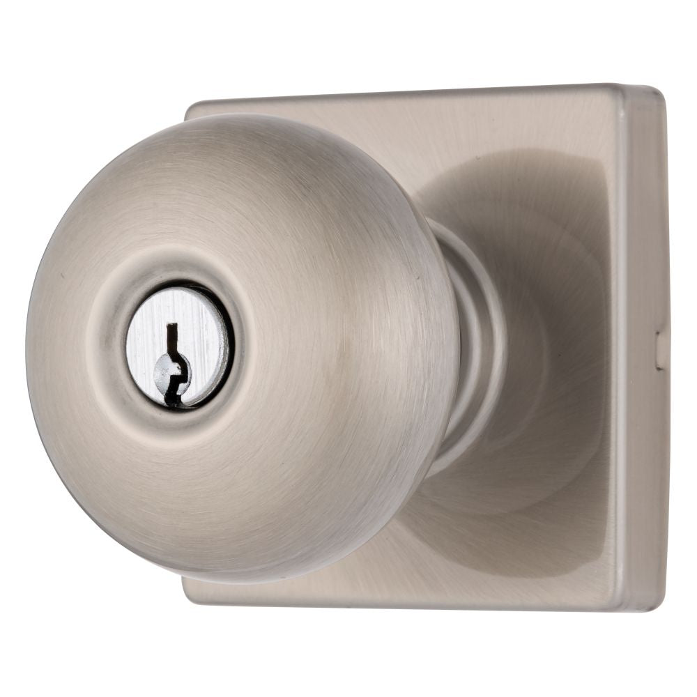 Brinks E2416119 Mendocino Series Keyed Entry Contemporary Ball Knob and Square Rose with 4 Way Adjustable Latch and Round Corner Full Lip Strike Satin Nickel Finish