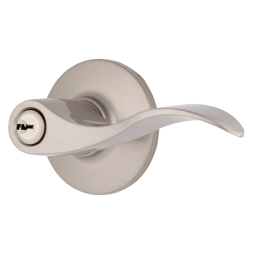 Brinks E2418119 Raleigh Series Keyed Entry Transitional Wave Lever and Round Rose with 4 Way Adjustable Latch and Round Corner Full Lip Strike Satin Nickel Finish