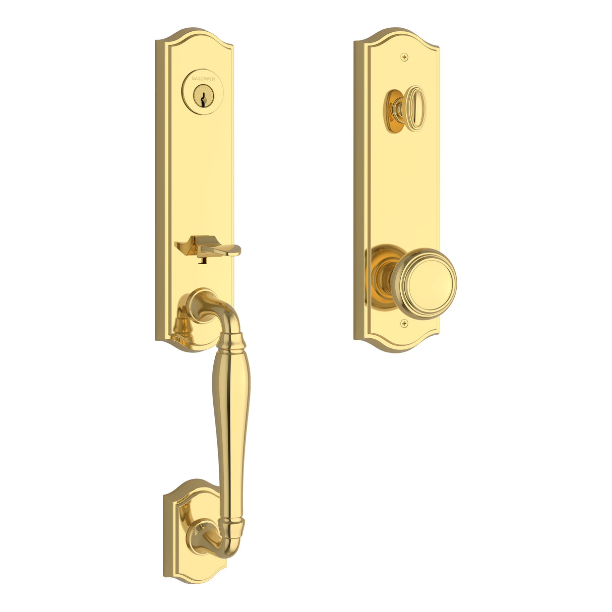 Baldwin Reserve EENEWXTRATAE003 Emergency Egress New Hampshire Handleset with Traditional Knob and Traditional Arched Escutcheon with 6AL Latch and Dual Strike Lifetime Brass Finish