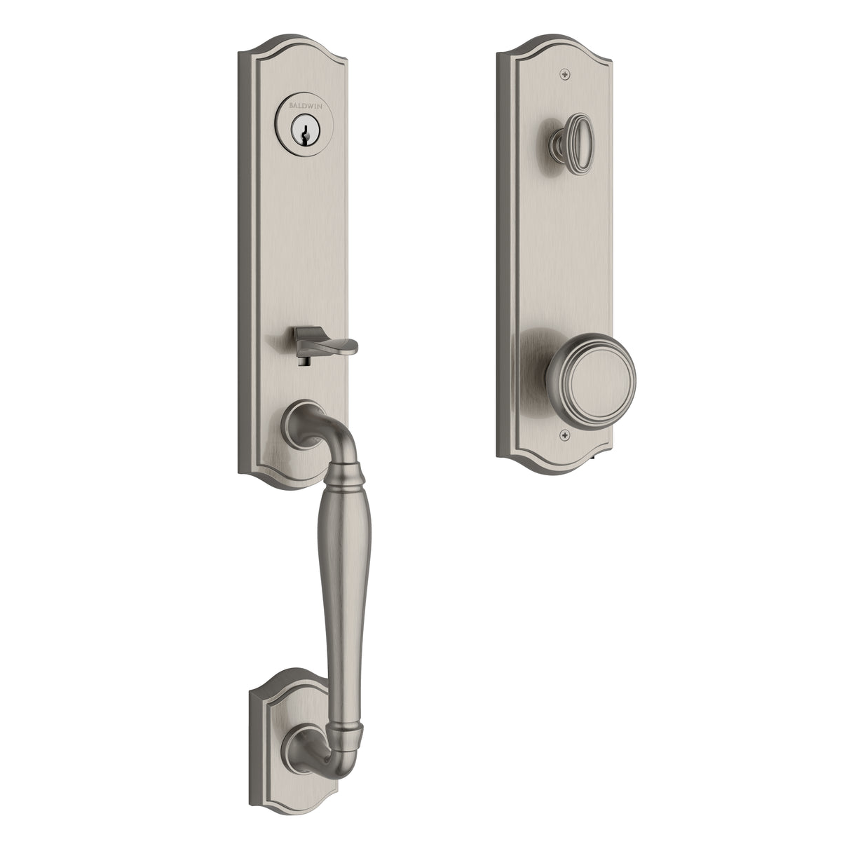 Baldwin Reserve EENEWXTRATAE150 Emergency Egress New Hampshire Handleset with Traditional Knob and Traditional Arched Escutcheon with 6AL Latch and Dual Strike Satin Nickel Finish