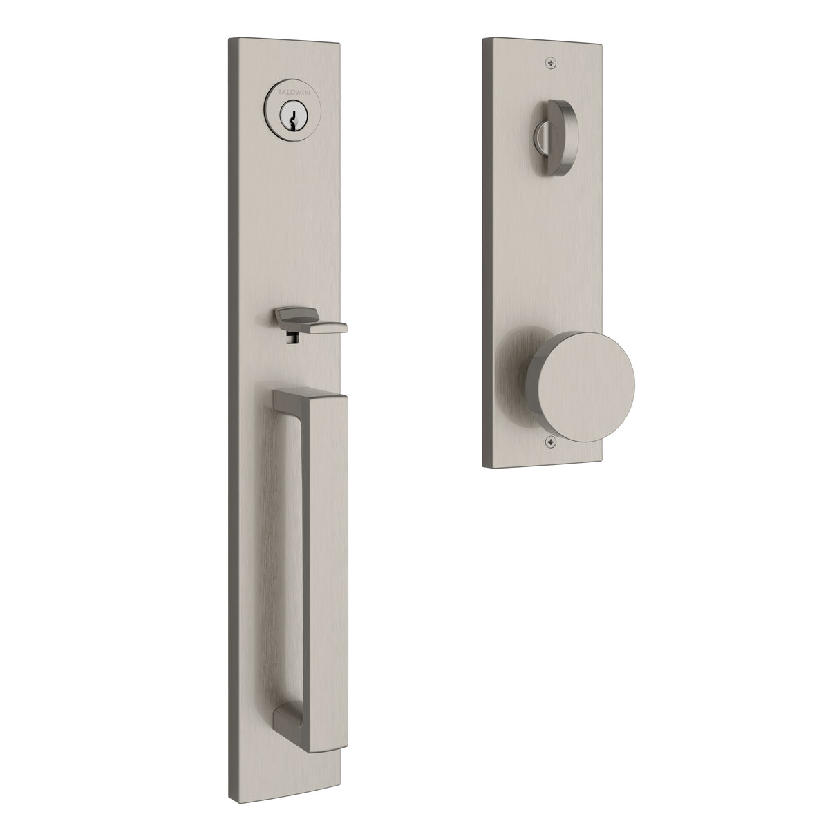 Baldwin Reserve EESANXCONCQE150 Emergency Egress Santa Cruz Handleset with Contemporary Knob and Contemporary Square Escutcheon with 6AL Latch and Dual Strike Satin Nickel Finish