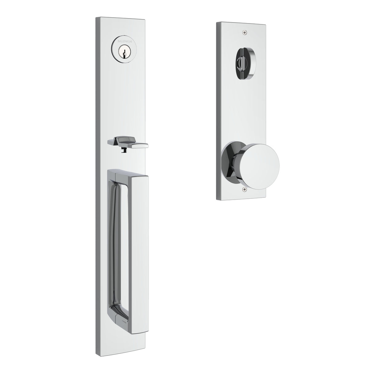 Baldwin Reserve EESANXCONCQE260 Emergency Egress Santa Cruz Handleset with Contemporary Knob and Contemporary Square Escutcheon with 6AL Latch and Dual Strike Bright Chrome Finish