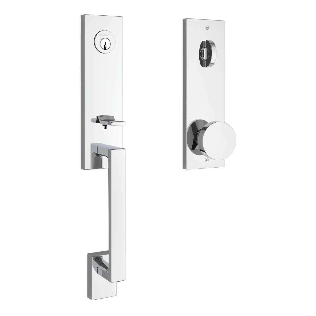Baldwin Reserve EESEAXCONCQE260 Emergency Egress Seattle Handleset with Contemporary Knob and Contemporary Square Escutcheon with 6AL Latch and Dual Strike Bright Chrome Finish