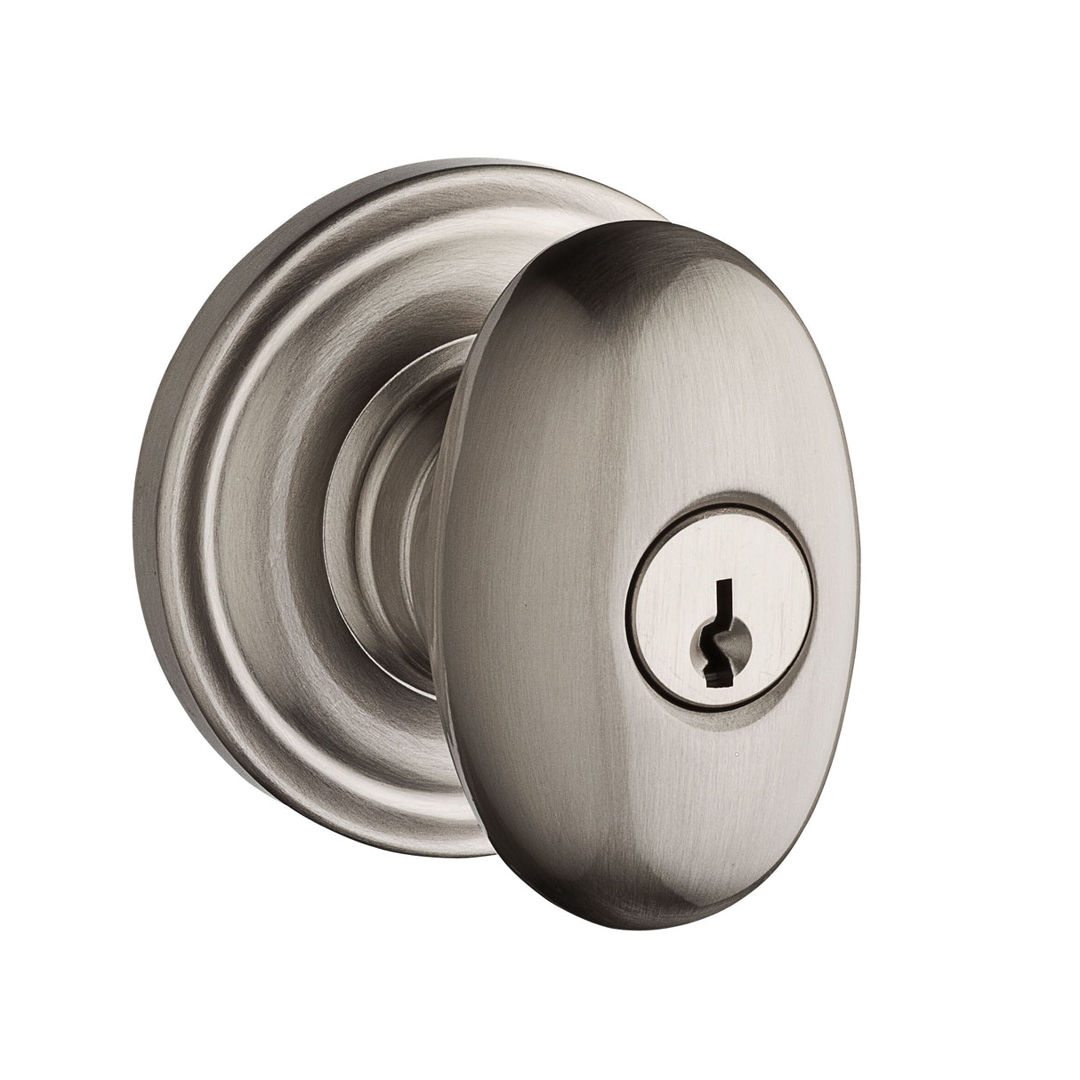 Baldwin Reserve ENELLTRR150 Entry Ellipse Knob and Traditional Round Rose with 6AL Latch and Dual Strike Satin Nickel Finish