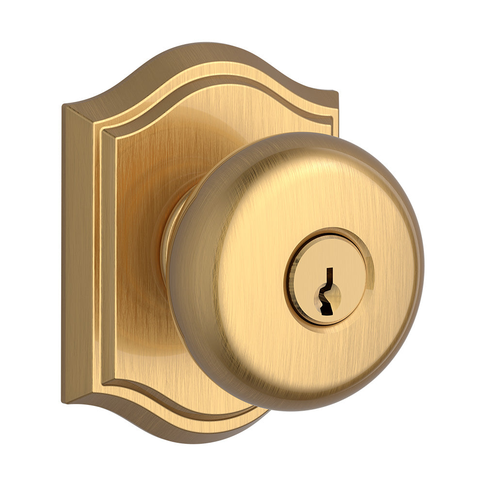 Baldwin Reserve ENROUTAR044 Entry Round Knob and Traditional Arch Rose with 6AL Latch and Dual Strike Lifetime Satin Brass Finish