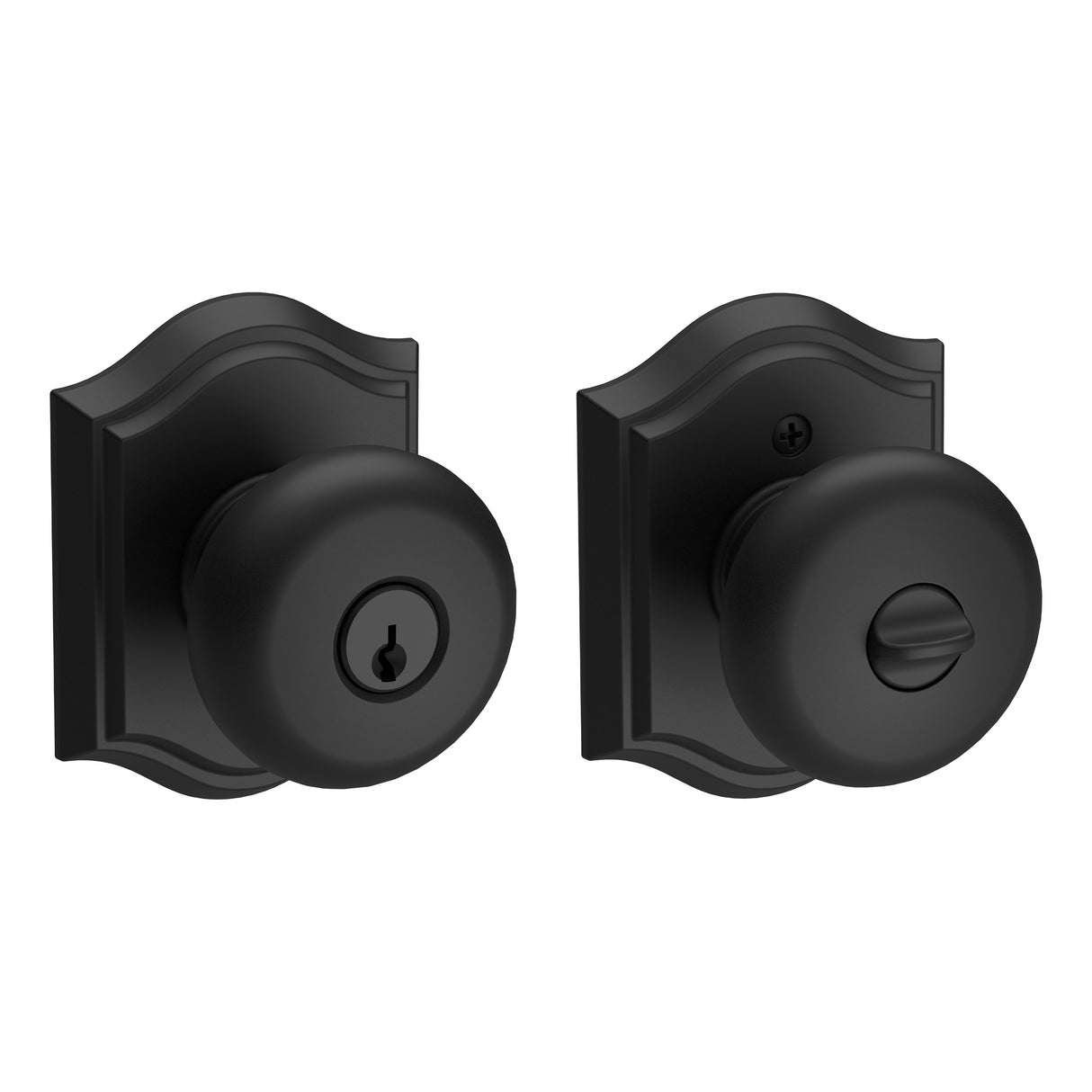 Baldwin Reserve ENROUTAR190 Entry Round Knob and Traditional Arch Rose with 6AL Latch and Dual Strike Satin Black Finish