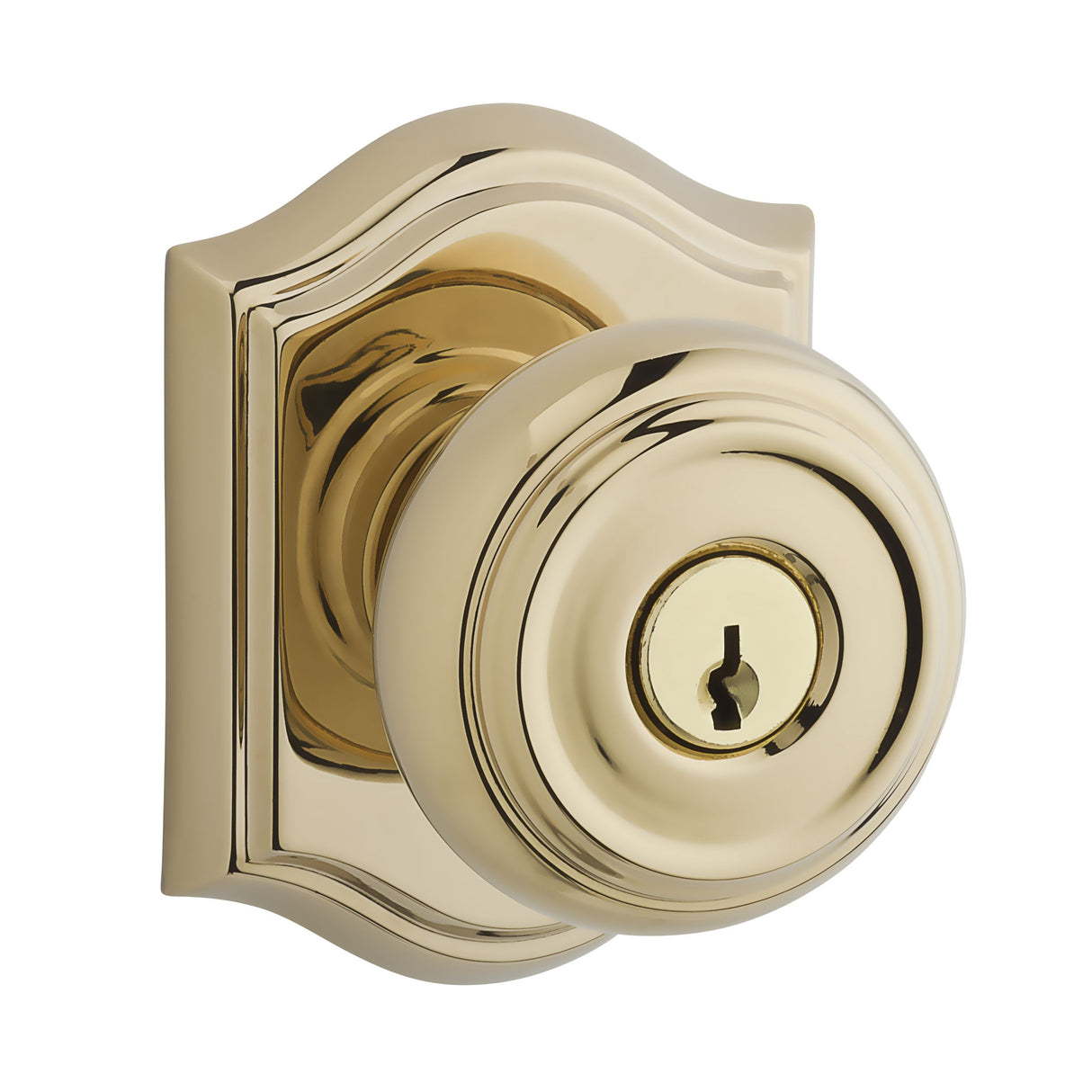 Baldwin Reserve ENTRATAR003 Entry Traditional Knob and Traditional Arch Rose with 6AL Latch and Dual Strike Lifetime Brass Finish