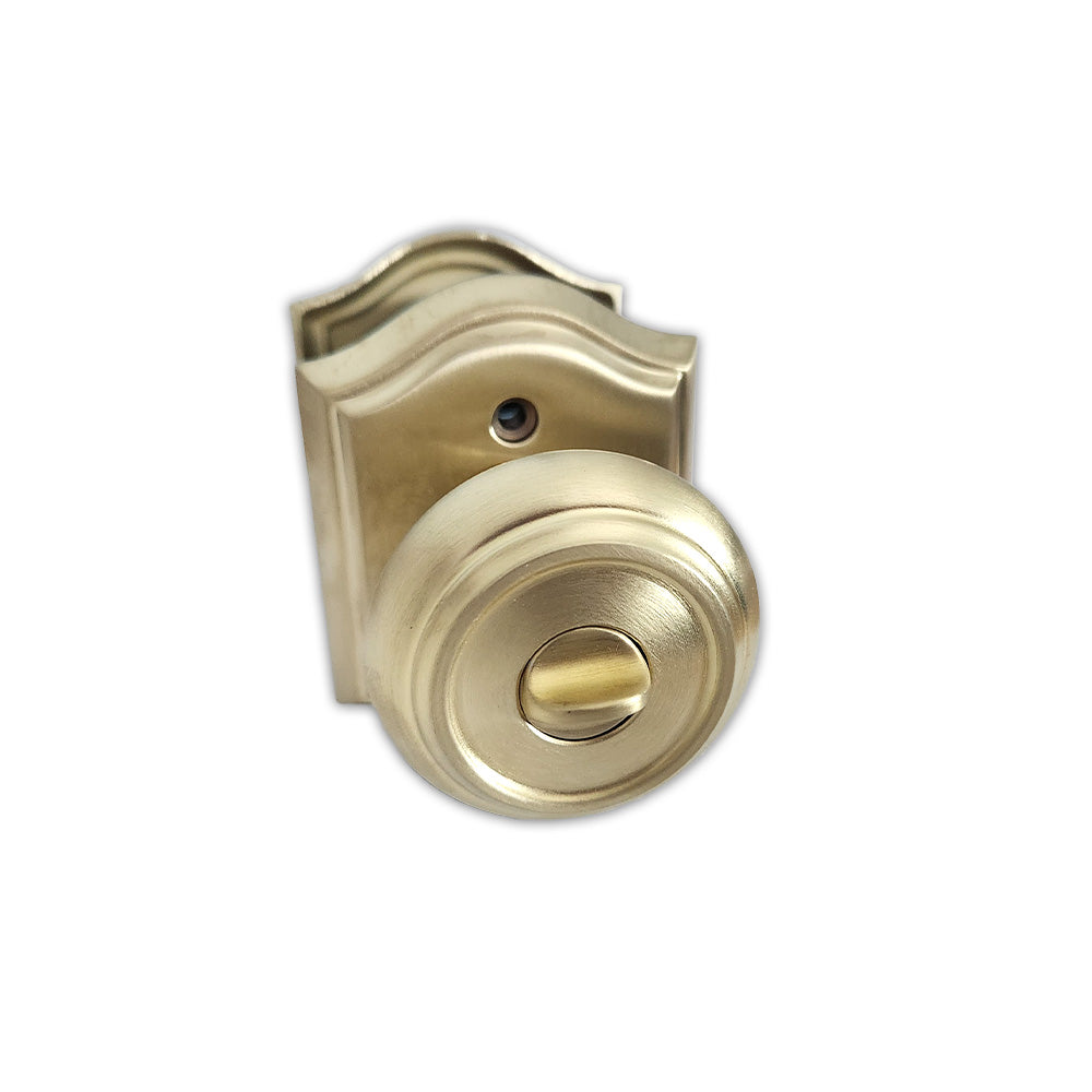Baldwin Reserve ENTRATAR044 Entry Traditional Knob and Traditional Arch Rose with 6AL Latch and Dual Strike Lifetime Satin Brass Finish