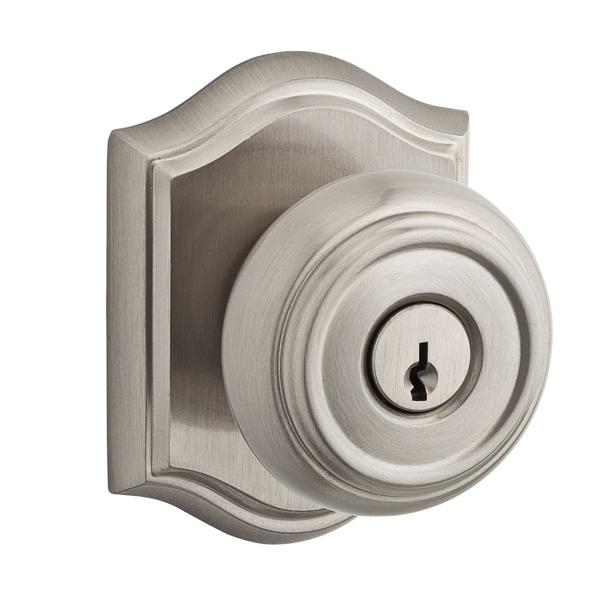 Baldwin Reserve ENTRATAR150 Entry Traditional Knob and Traditional Arch Rose with 6AL Latch and Dual Strike Satin Nickel Finish