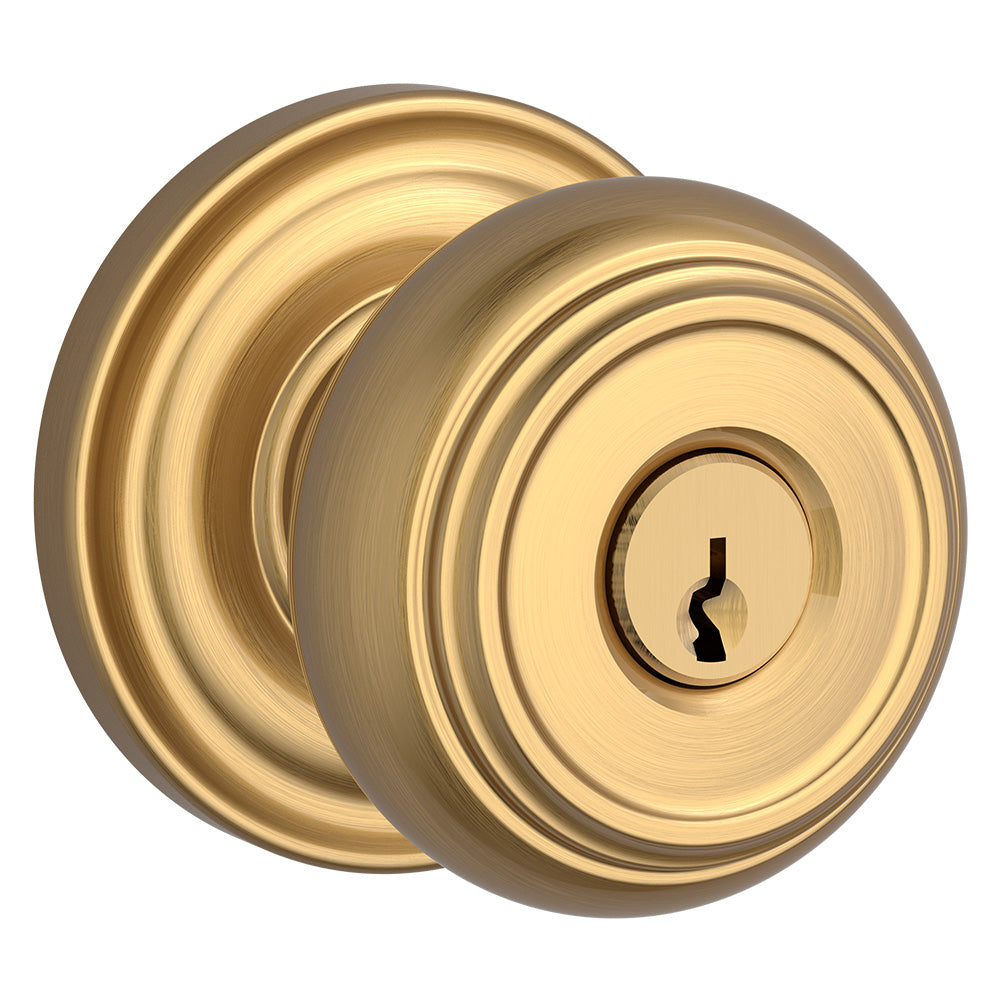 Baldwin Reserve ENTRATRR044 Entry Traditional Knob and Traditional Round Rose with 6AL Latch and Dual Strike Lifetime Satin Brass Finish