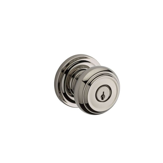 Baldwin Reserve ENTRATRR055 Entry Traditional Knob and Traditional Round Rose with 6AL Latch and Dual Strike Lifetime Bright Nickel Finish