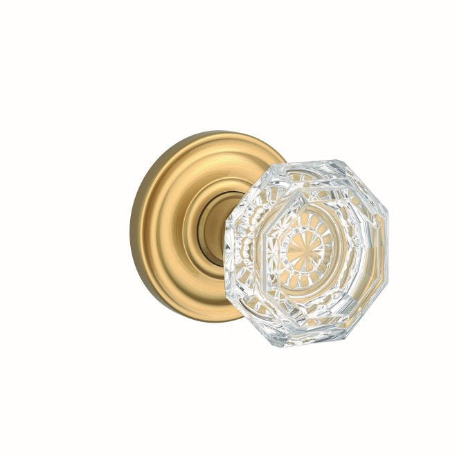 Baldwin Reserve PSCRYTRR044 Passage Crystal Knob with Traditional Round Rose with 6AL Latch and Dual Strike Lifetime Satin Brass Finish