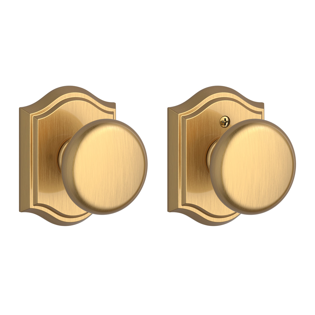 Baldwin Reserve PSROUTAR044 Passage Round Knob and Traditional Arch Rose with 6AL Latch and Dual Strike Lifetime Satin Brass Finish