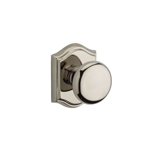 Baldwin Reserve PSROUTAR055 Passage Round Knob and Traditional Arch Rose with 6AL Latch and Dual Strike Lifetime Bright Nickel Finish