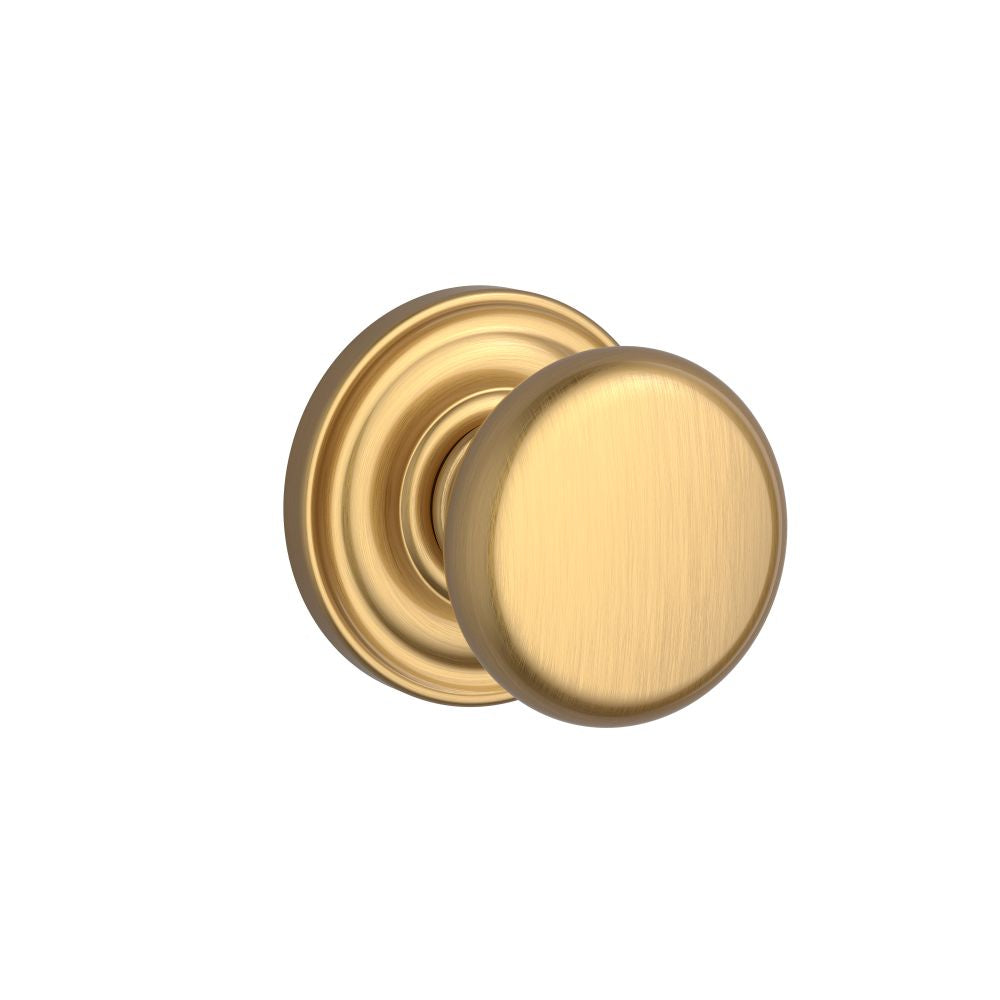 Baldwin Reserve PSROUTRR044 Passage Round Knob and Traditional Round Rose with 6AL Latch and Dual Strike Lifetime Satin Brass Finish