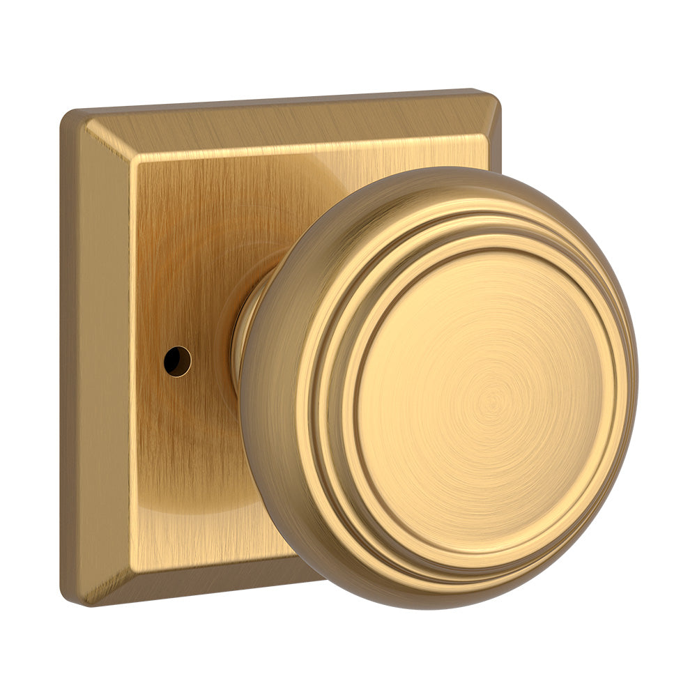 Baldwin Reserve PVTRATSR044 Privacy Traditional Knob and Traditional Square Rose with 6AL Latch and Dual Strike Lifetime Satin Brass Finish