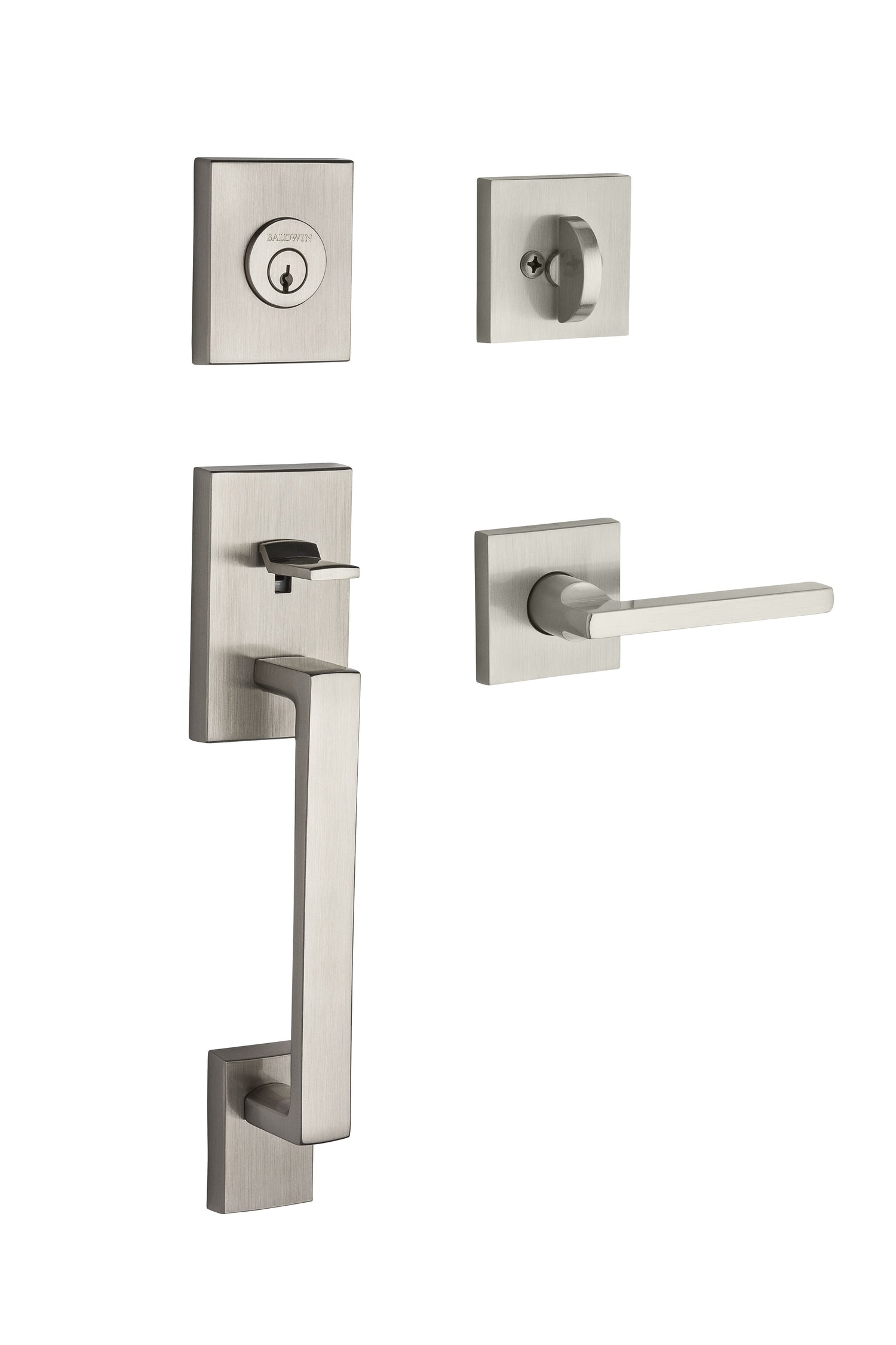 Baldwin Reserve SCLAJXSQUCSR150 Single Cylinder La Jolla Handleset Square Lever Contemporary Square Rose with 6AL Latch and Dual Strike Satin Nickel Finish