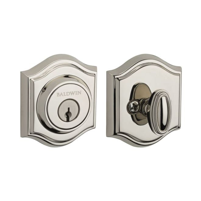 Baldwin Reserve SCTAD055 Single Cylinder Traditional Arch Deadbolt with 6AL Latch and Dual Strike Lifetime Bright Nickel Finish