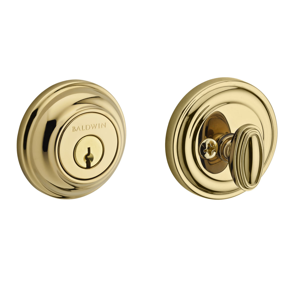 Baldwin Reserve SCTRD003 Single Cylinder Traditional Round Deadbolt with 6AL Latch and Dual Strike Lifetime Brass Finish