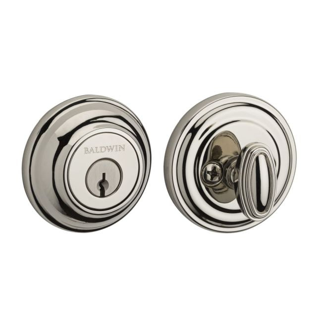 Baldwin Reserve SCTRD055 Single Cylinder Traditional Round Deadbolt with 6AL Latch and Dual Strike Lifetime Bright Nickel Finish