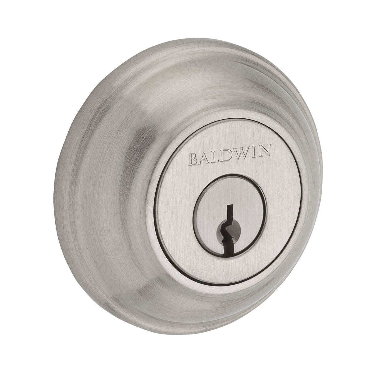 Baldwin Reserve SCTRD150 Single Cylinder Traditional Round Deadbolt with 6AL Latch and Dual Strike Satin Nickel Finish