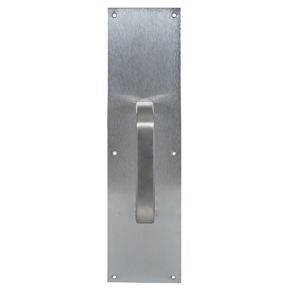 Trimco 10143630 4" x 16" Square Corner Pull Plate with 6" 1199 Pull Satin Stainless Steel Finish Main image