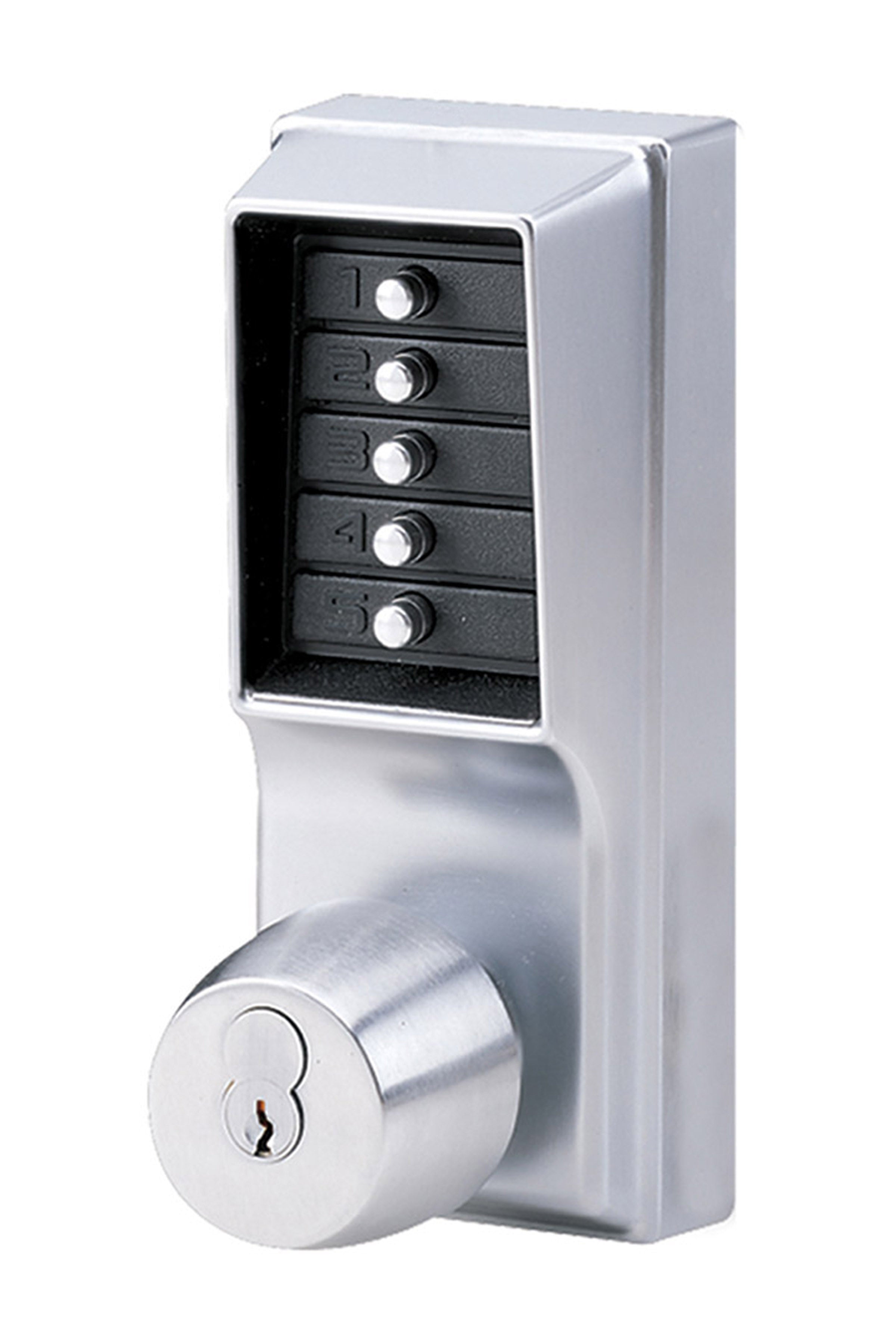 Kaba Simplex 1041S26D Mechanical Pushbutton Knob Lock Combination Passage with Key Override; 2-3/4" Backset and Schlage Prep Satin Chrome Finish Main image
