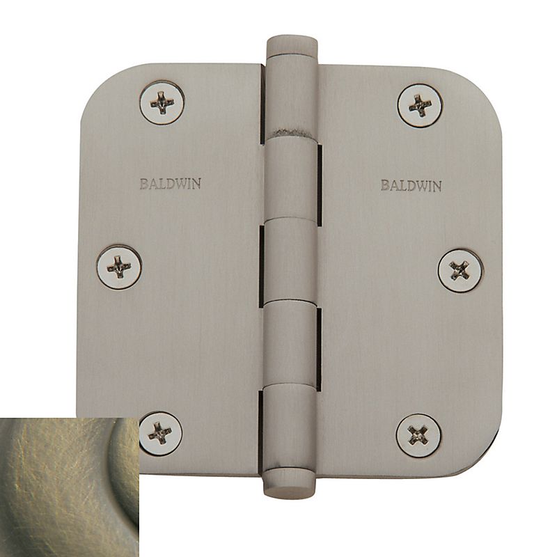 Baldwin 1135050I 3-1/2" x 3-1/2" - 5/8" Radius Mortise Hinge Antique Brass Finish
