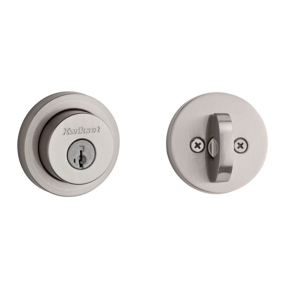 Kwikset 158RDT-15S.STRKP Milan Round Rose Single Cylinder Deadbolt SmartKey with 6AL Latch and STRKP Strike Pack which includes Square Corner, Round Corner and 5303 Round Corner Full Lip Strikes KA3 Satin Nickel Finish