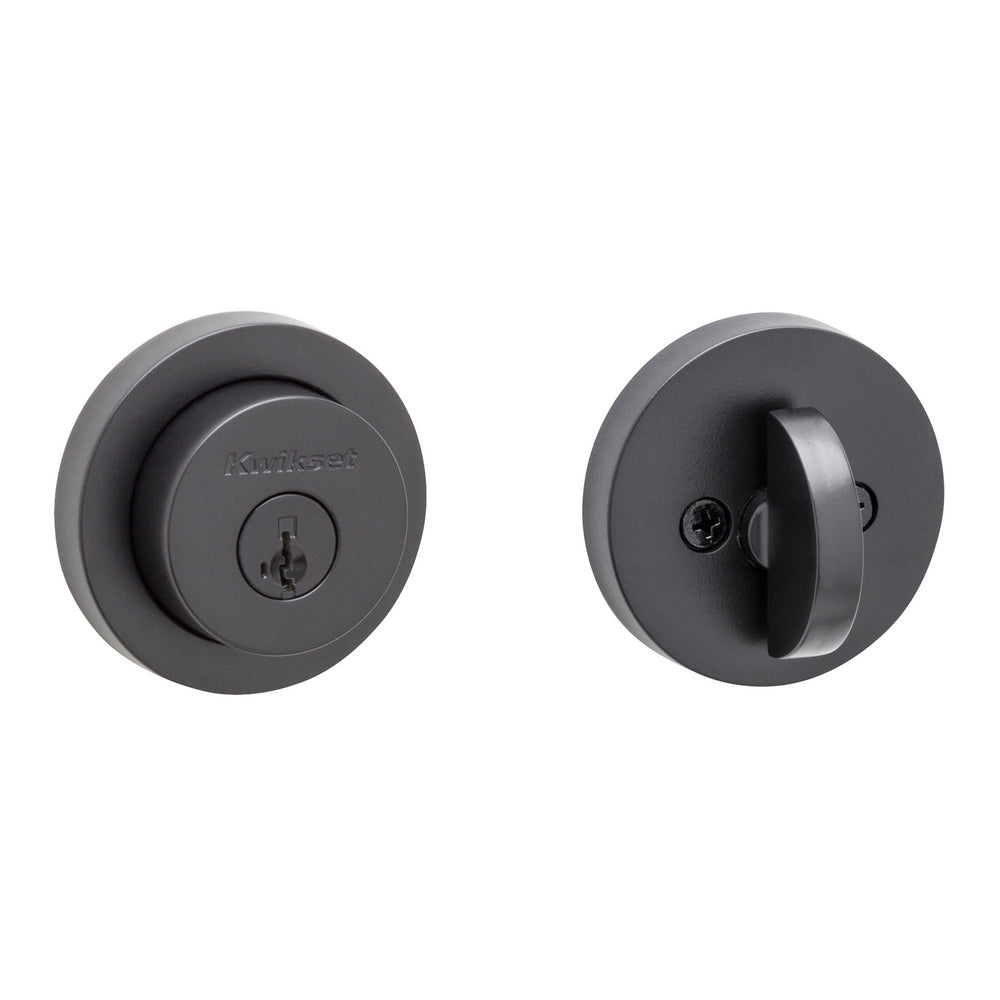 Kwikset 158RDT-514S.STRKP Milan Round Rose Single Cylinder Deadbolt SmartKey with 6AL Latch and STRKP Strike Pack which includes Square Corner, Round Corner and 5303 Round Corner Full Lip Strikes KA3 Matte Black Finish