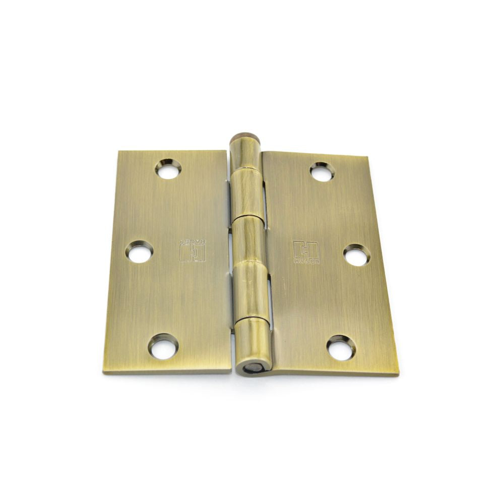 Hager 17413125EA 3-1/2" x 3-1/2" Steel Square Corner Full Mortise Plain Bearing Residential Hinge Antique Brass Finish