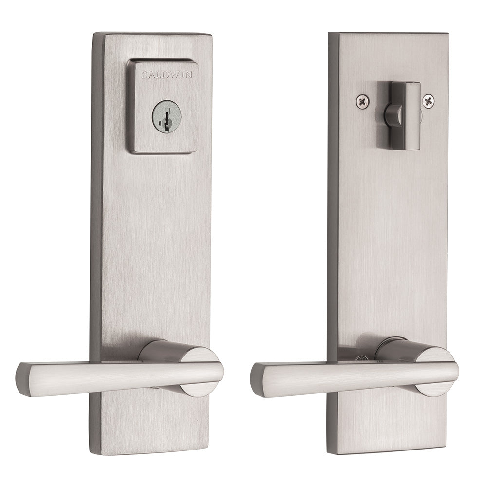 Baldwin Prestige 183SPEXSPLSQR15S Complete Entrance Set with Single Cylinder Deadbolt with Lever by Lever Spyglass Square Design with RCAL Latch; RCS Strike; and SmartKey Satin Nickel Finish