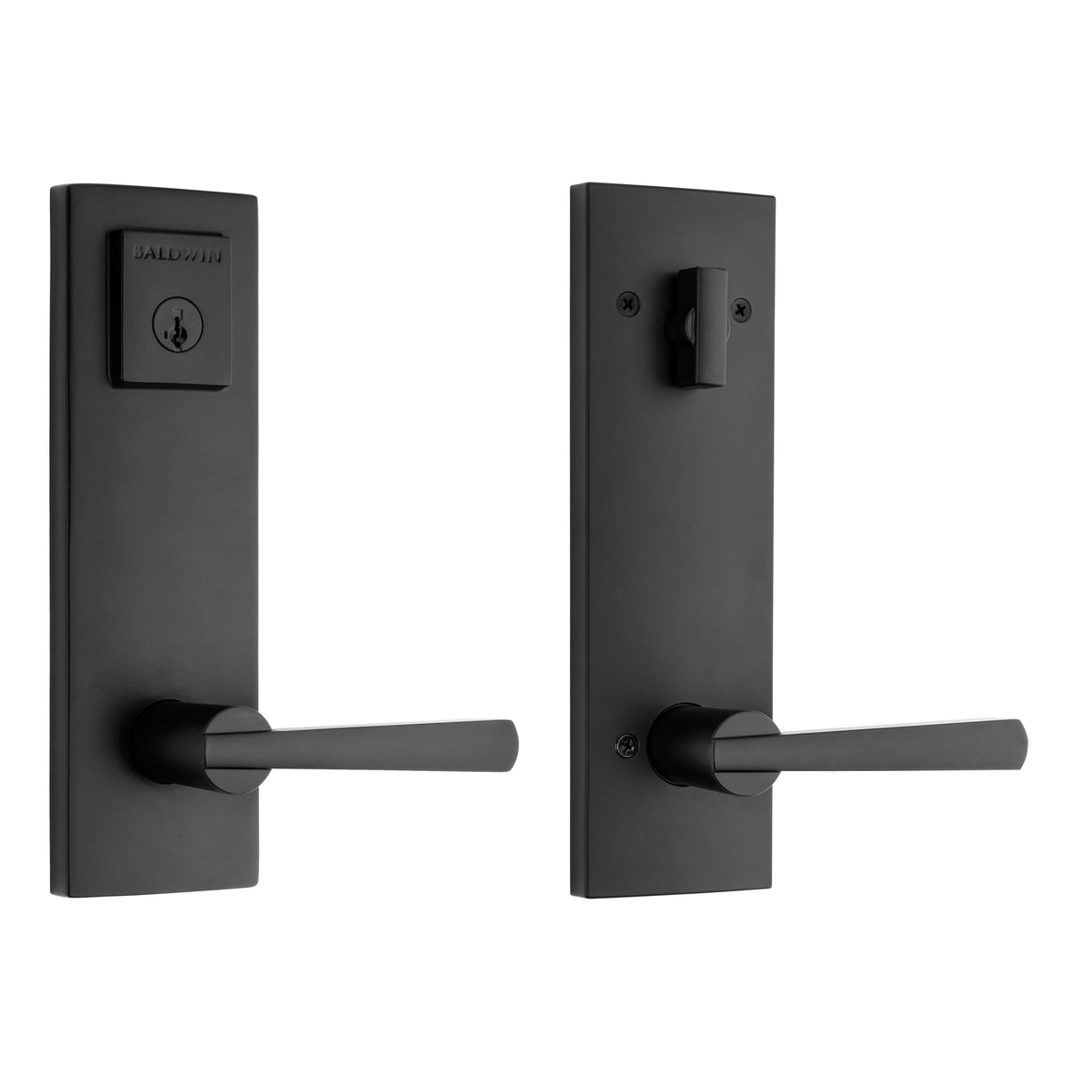 Baldwin Prestige 183SPEXSPLSQR514S Complete Entrance Set with Single Cylinder Deadbolt with Lever by Lever Spyglass Square Design with RCAL Latch; RCS Strike; and SmartKey Matte Black Finish